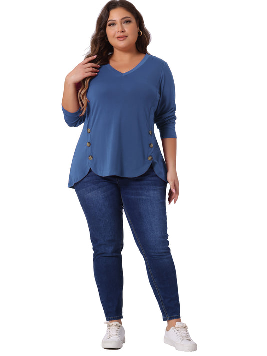 Women Plus Size Tops Casual V Neck Loose Button Side Long Sleeve Basic Swing Tunic