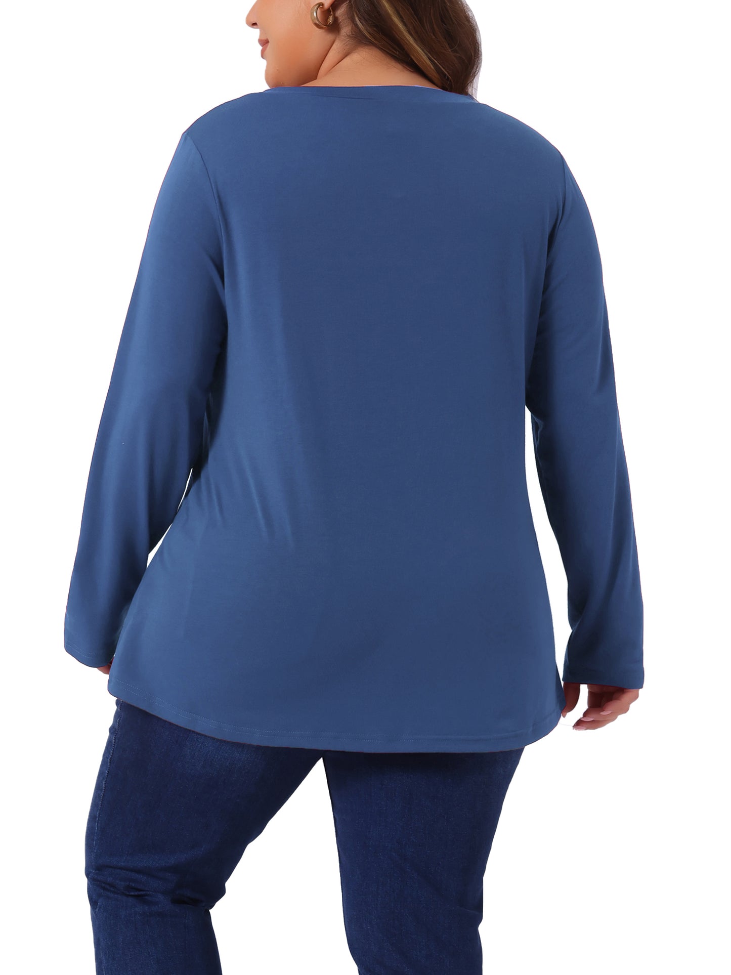 Women Plus Size Tops Casual V Neck Loose Button Side Long Sleeve Basic Swing Tunic