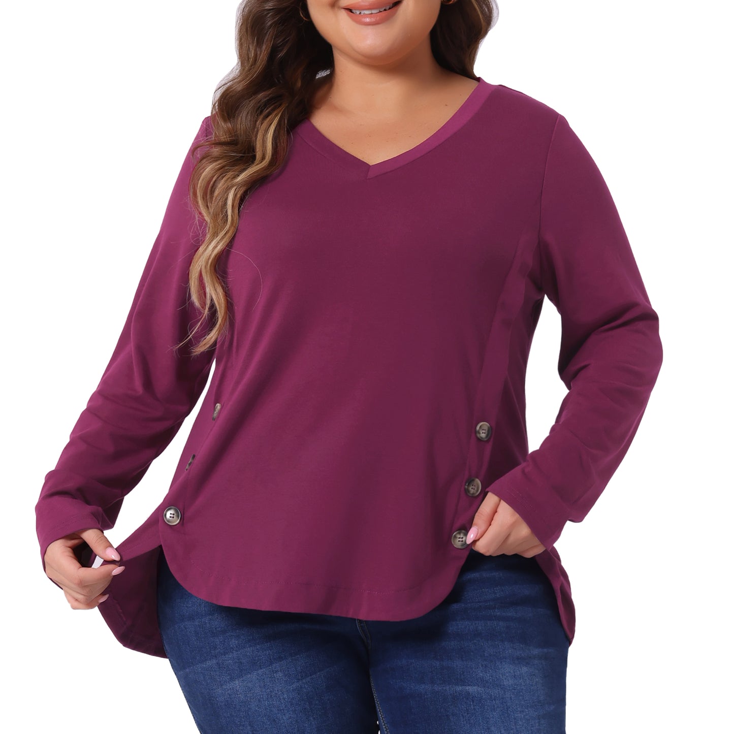 Women Plus Size Tops Casual V Neck Loose Button Side Long Sleeve Basic Swing Tunic