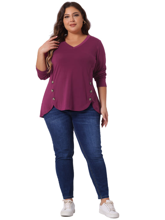 Women Plus Size Tops Casual V Neck Loose Button Side Long Sleeve Basic Swing Tunic