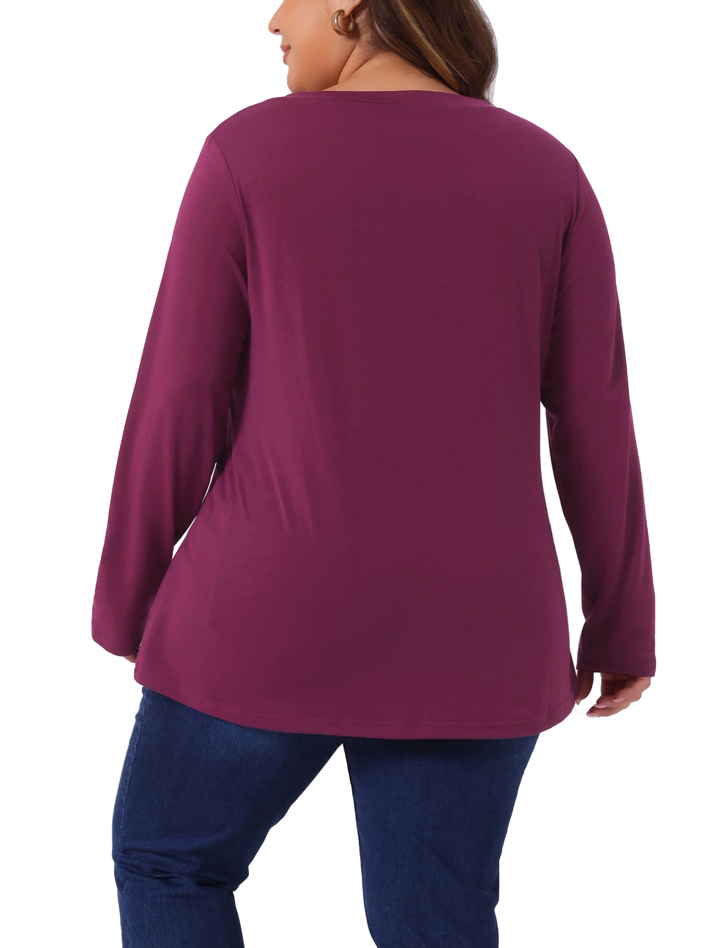 Women Plus Size Tops Casual V Neck Loose Button Side Long Sleeve Basic Swing Tunic