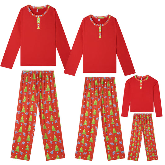 Men's Christmas Long Sleeve Button Up Pjs Tree Print Festival Party Sleepwear Family Pajamas Set
