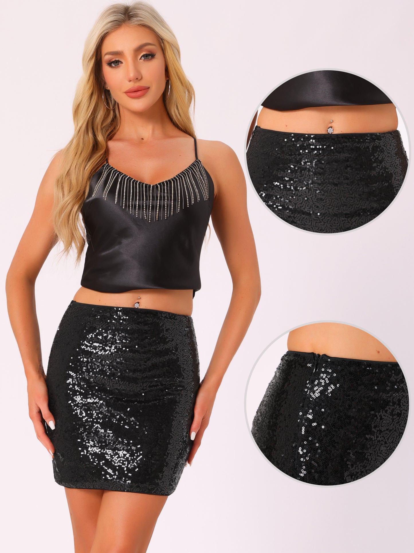 Women Sparkly Sequin Stretchy High Waisted Bodycon Mini Skirt