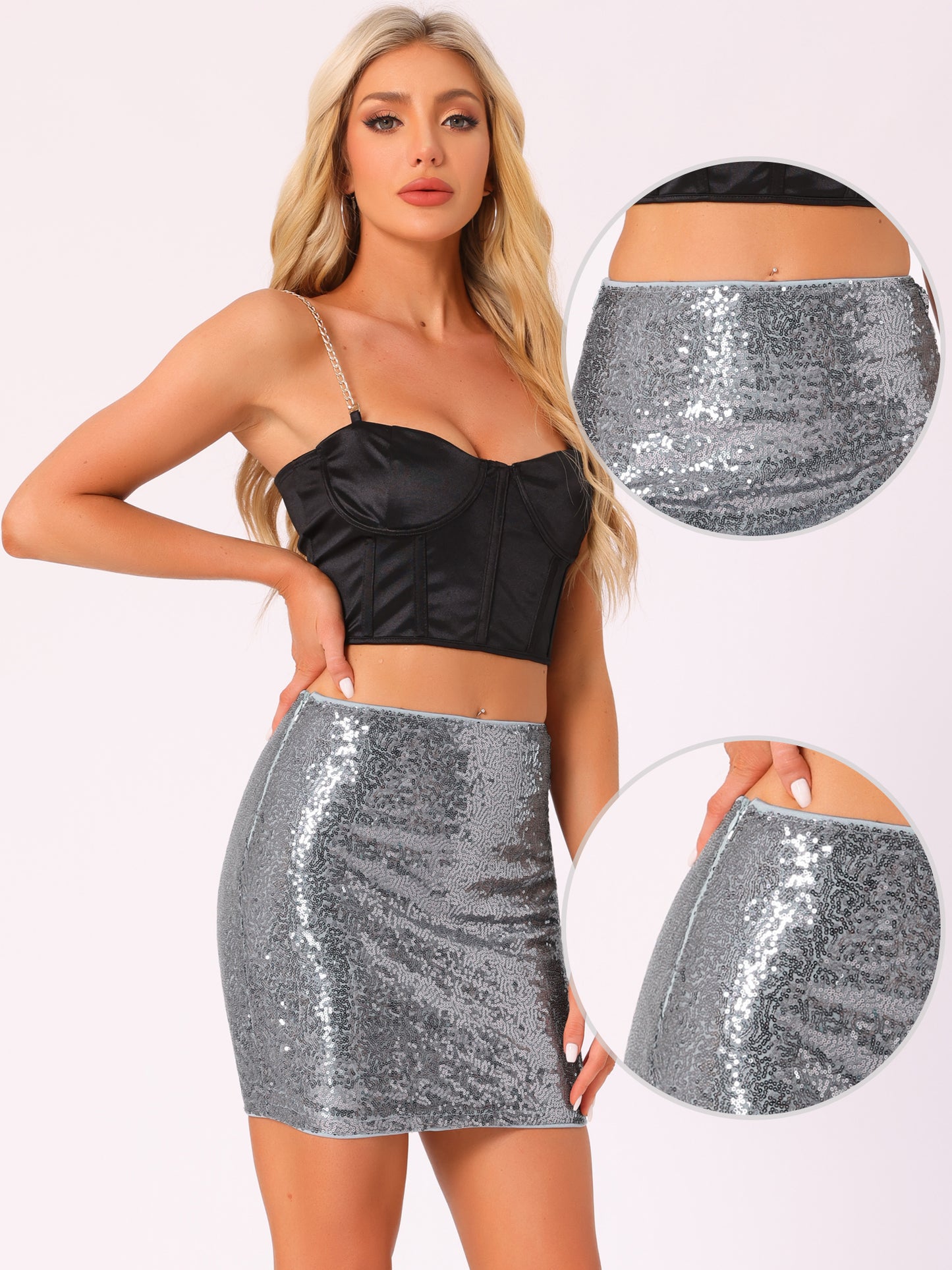 Minifalda ajustada de cintura alta elástica con lentejuelas brillantes para mujer