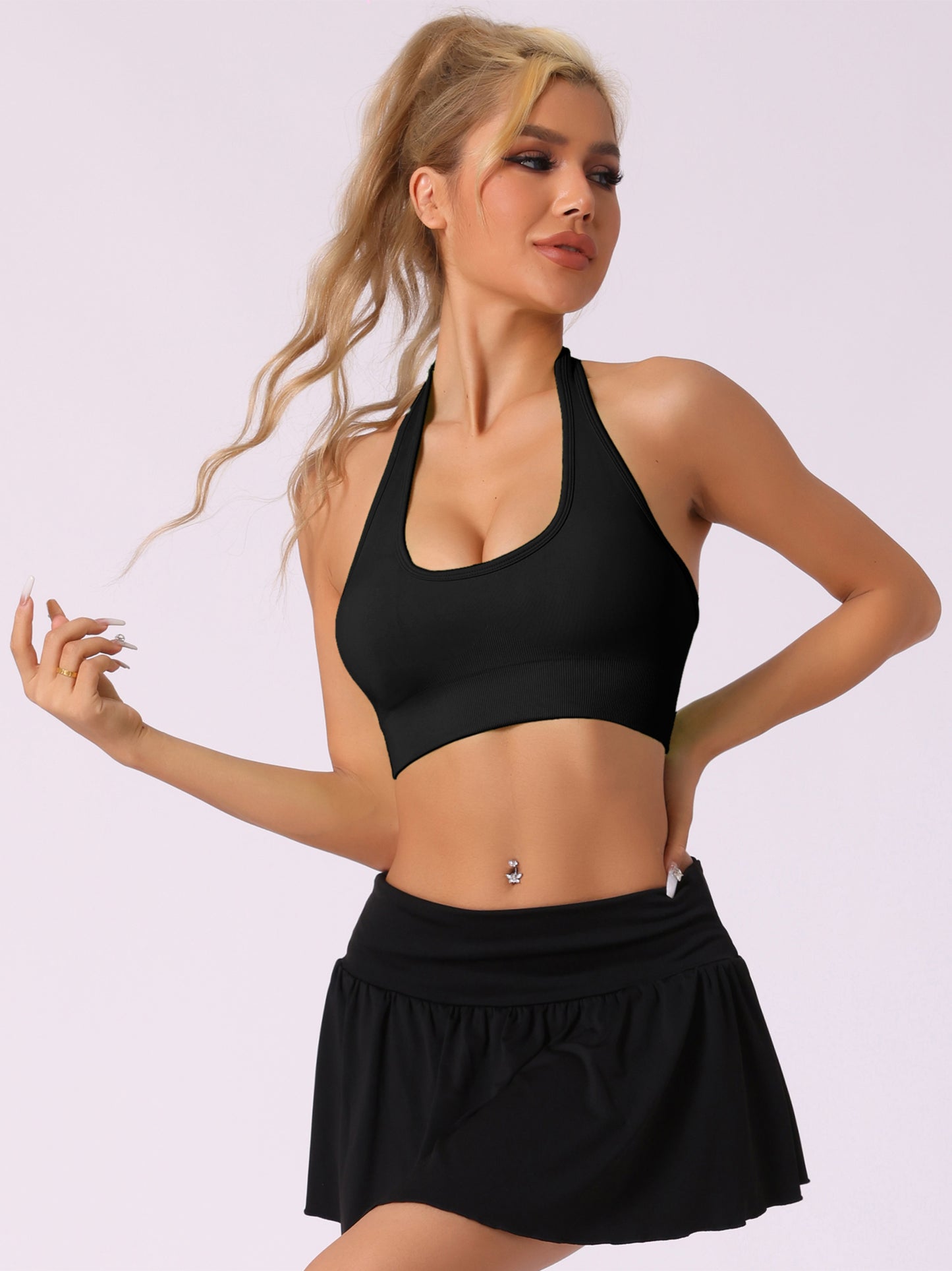 Sujetador deportivo acanalado con espalda descubierta y cuello halter para mujer, ropa interior deportiva para entrenamiento y fitness