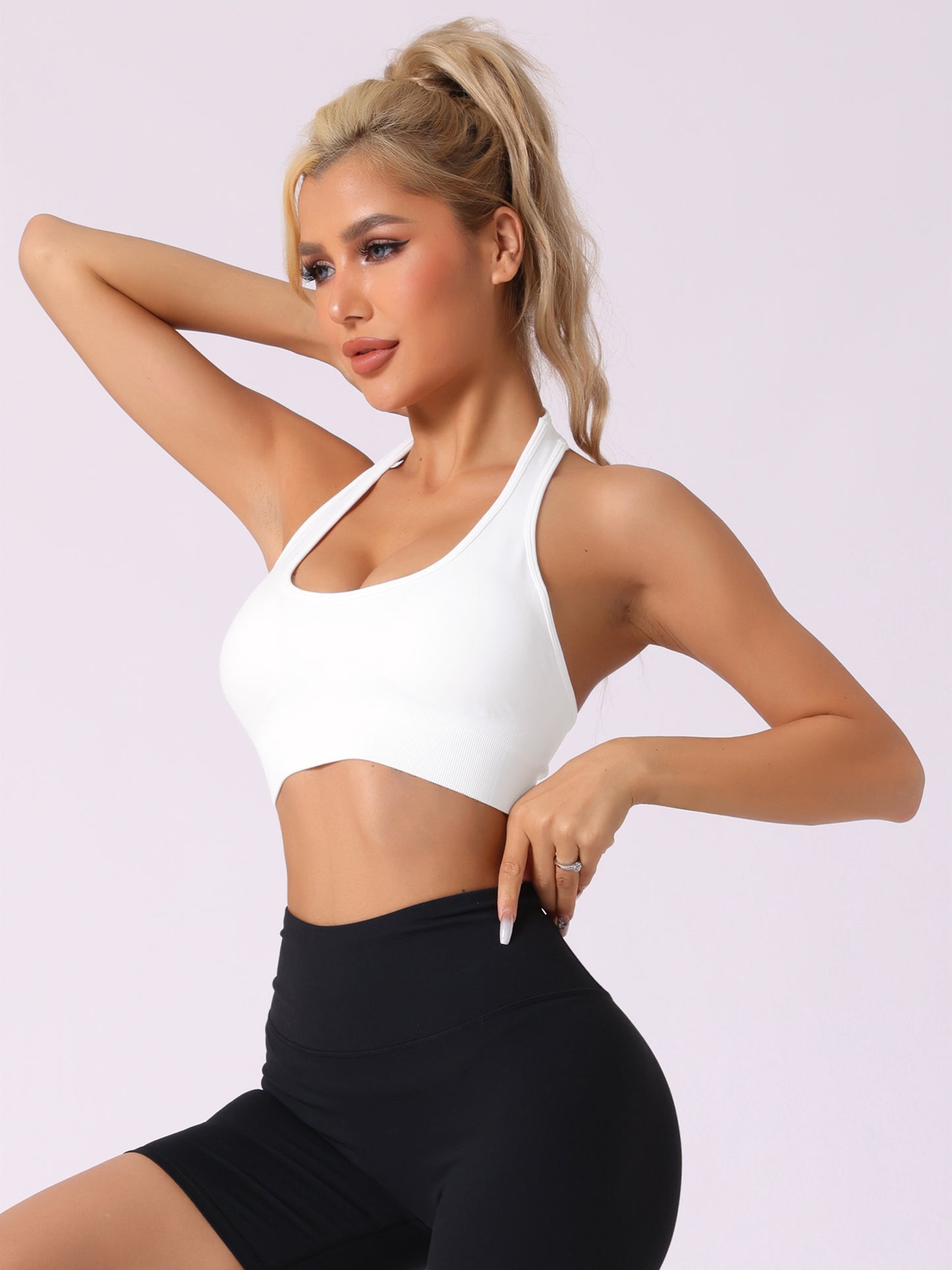 Sujetador deportivo acanalado con espalda descubierta y cuello halter para mujer, ropa interior deportiva para entrenamiento y fitness