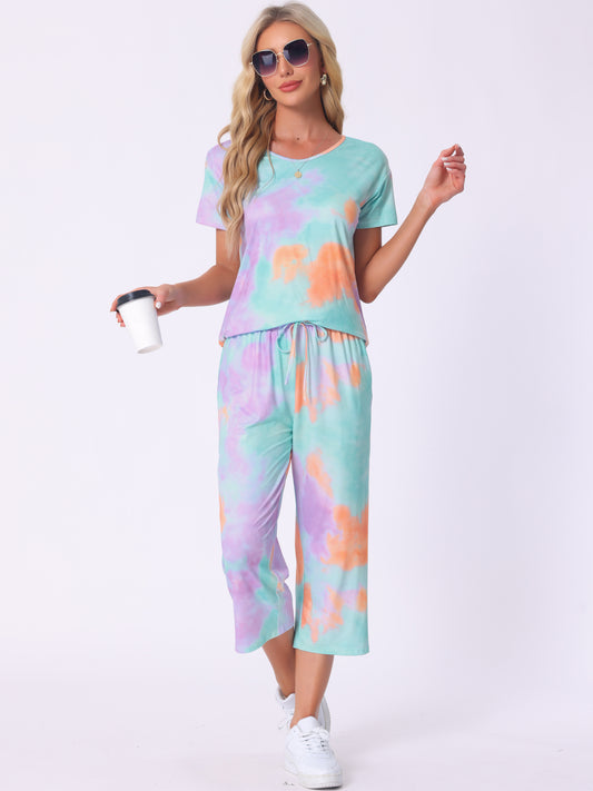 Ensemble de détente 2 pièces à manches courtes et pantalon capri tie-dye avec poches pour femme