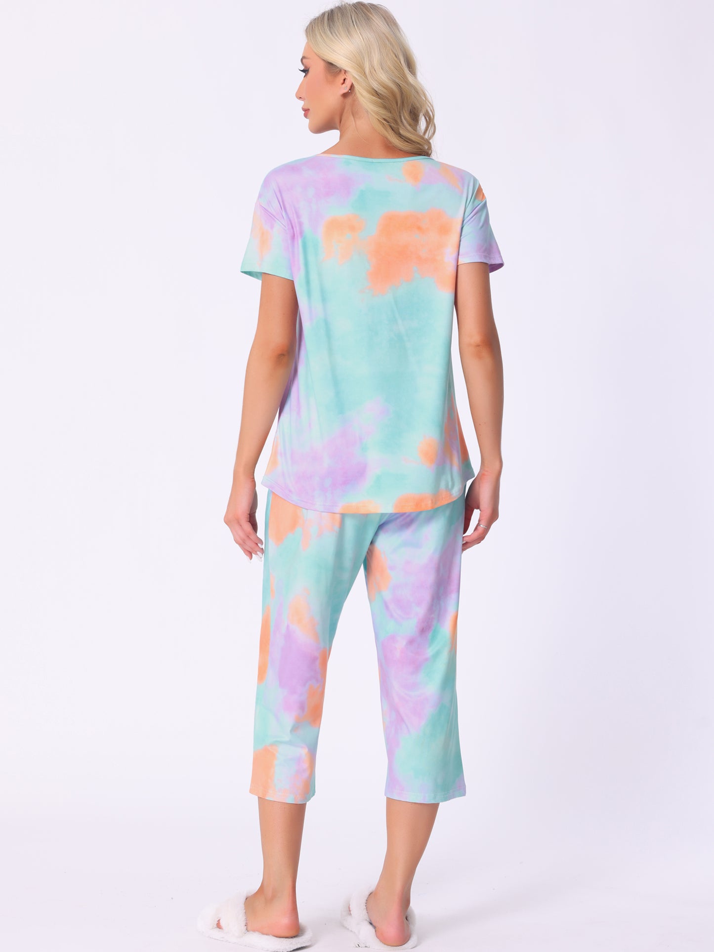 Ensemble de détente 2 pièces à manches courtes et pantalon capri tie-dye avec poches pour femme