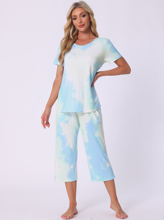Ensemble de détente 2 pièces à manches courtes et pantalon capri tie-dye avec poches pour femme