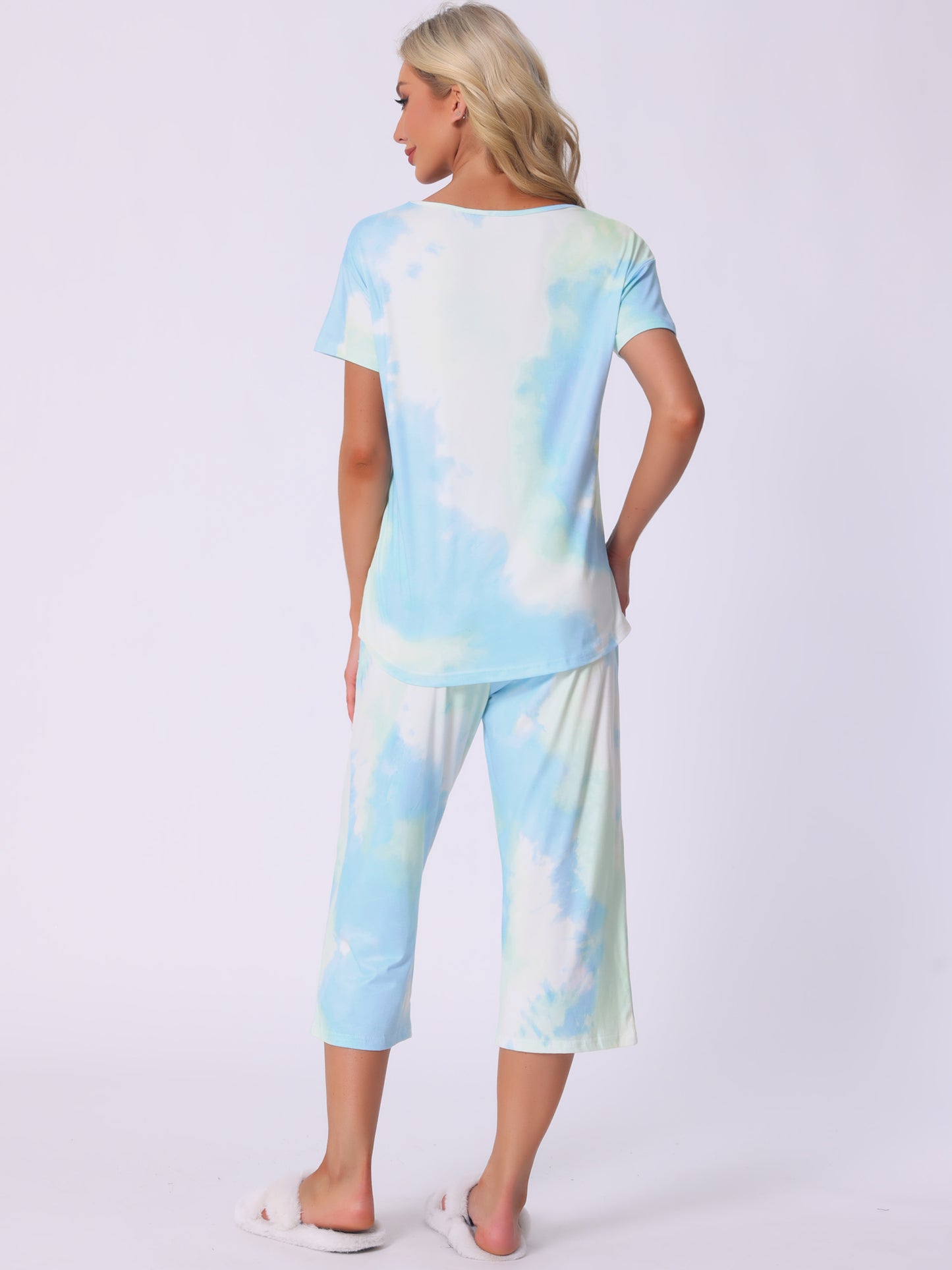 Ensemble de détente 2 pièces à manches courtes et pantalon capri tie-dye avec poches pour femme