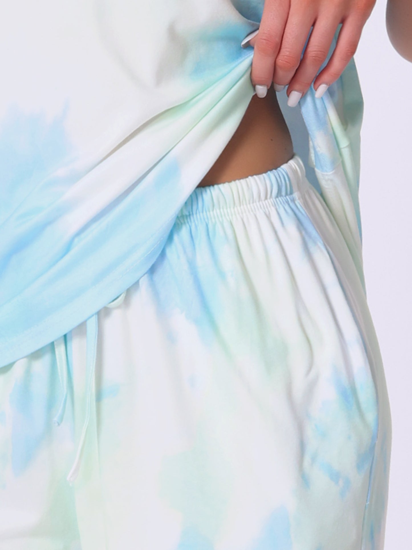 Ensemble de détente 2 pièces à manches courtes et pantalon capri tie-dye avec poches pour femme