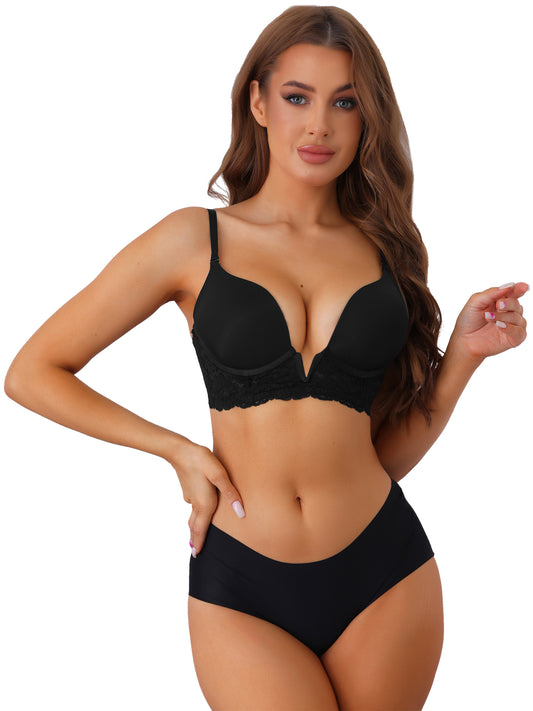 Sujetador push-up con aros y tirantes ajustables con escote en V profundo de encaje para mujer