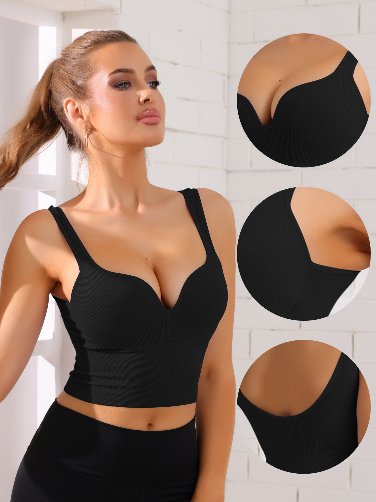 Women's Wire-Free Integrated Cup Sports Bra Camisole Push-Up Ribbed Longline Underwear