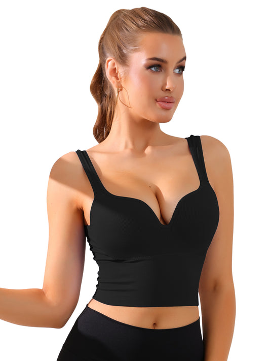Soutien-gorge de sport sans armatures pour femme, bonnet intégré, caraco push-up côtelé, sous-vêtement long