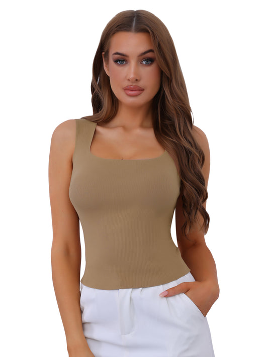 Women's Square Neck Warm Camisole with Built-In Bra Ribbed Undershirt Underwear