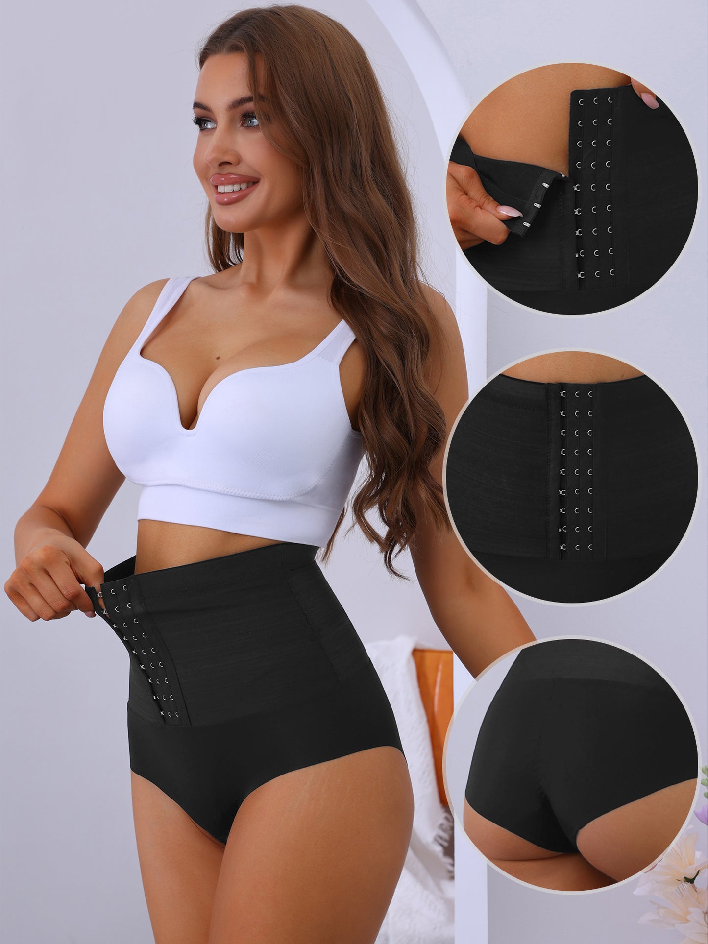 Bragas moldeadoras de cintura alta con cierre de ganchos para aplanar el abdomen y realzar los glúteos para mujer