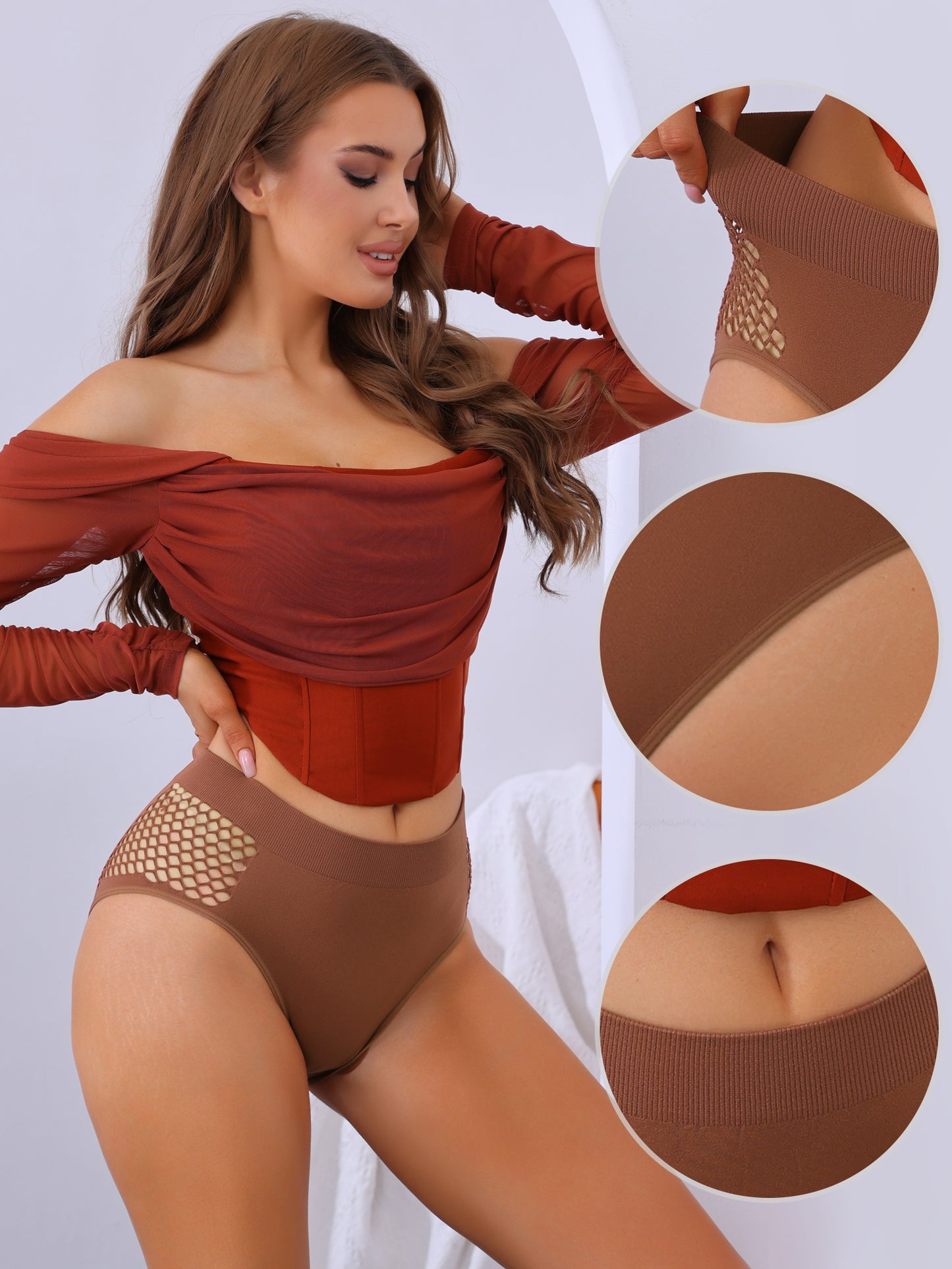 Women's Mid-Waisted Full Coverage Briefs Waist Hollow Flatten Tummy Panties