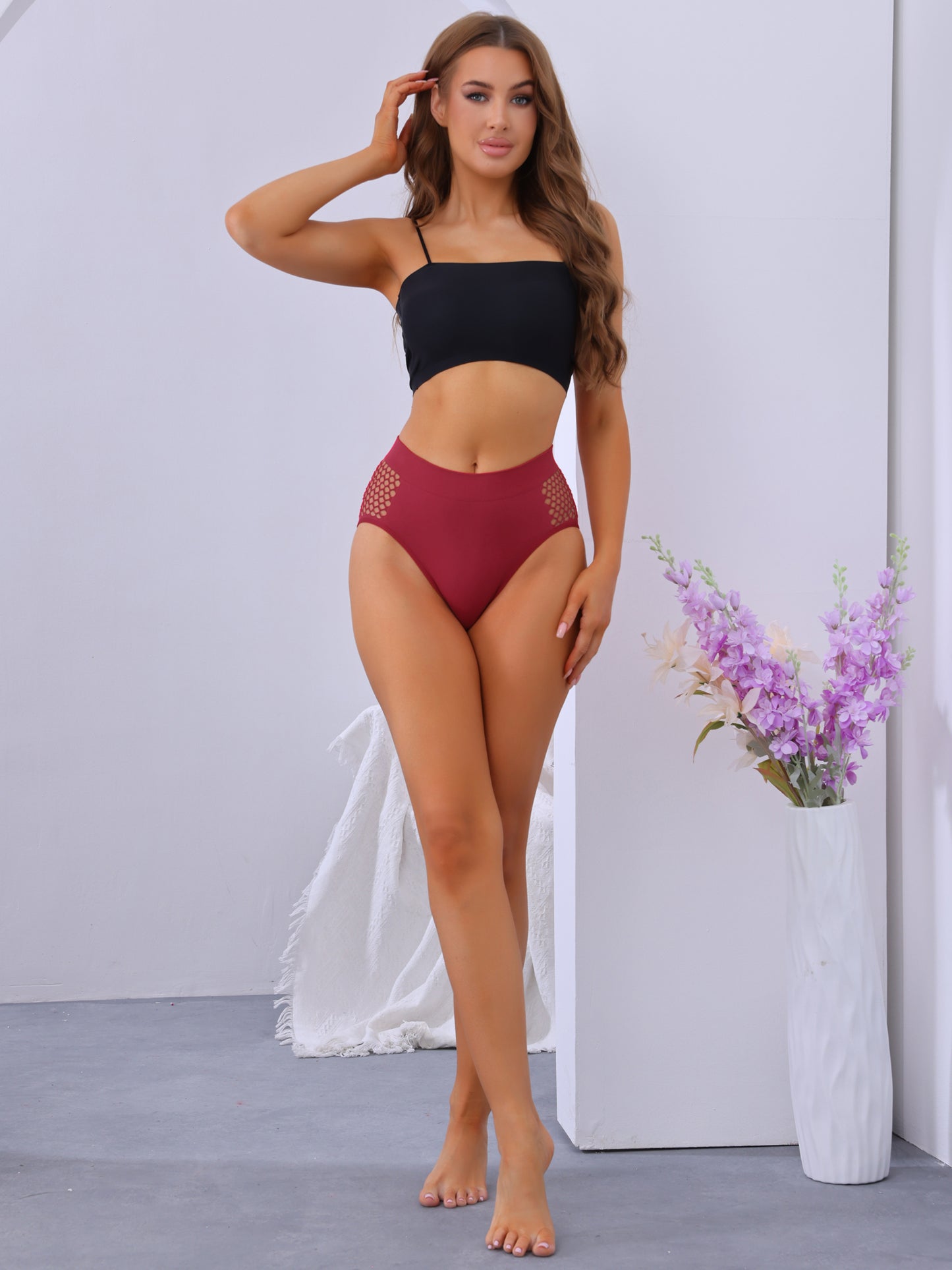 Culotte taille moyenne pour femme, couvrante et aplatissante, avec ceinture ajourée
