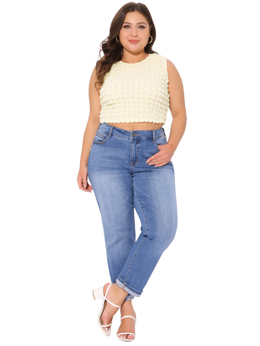 Women Plus Size Tank Top Summer Crew Neck Sleeveless Cami Cropped Top
