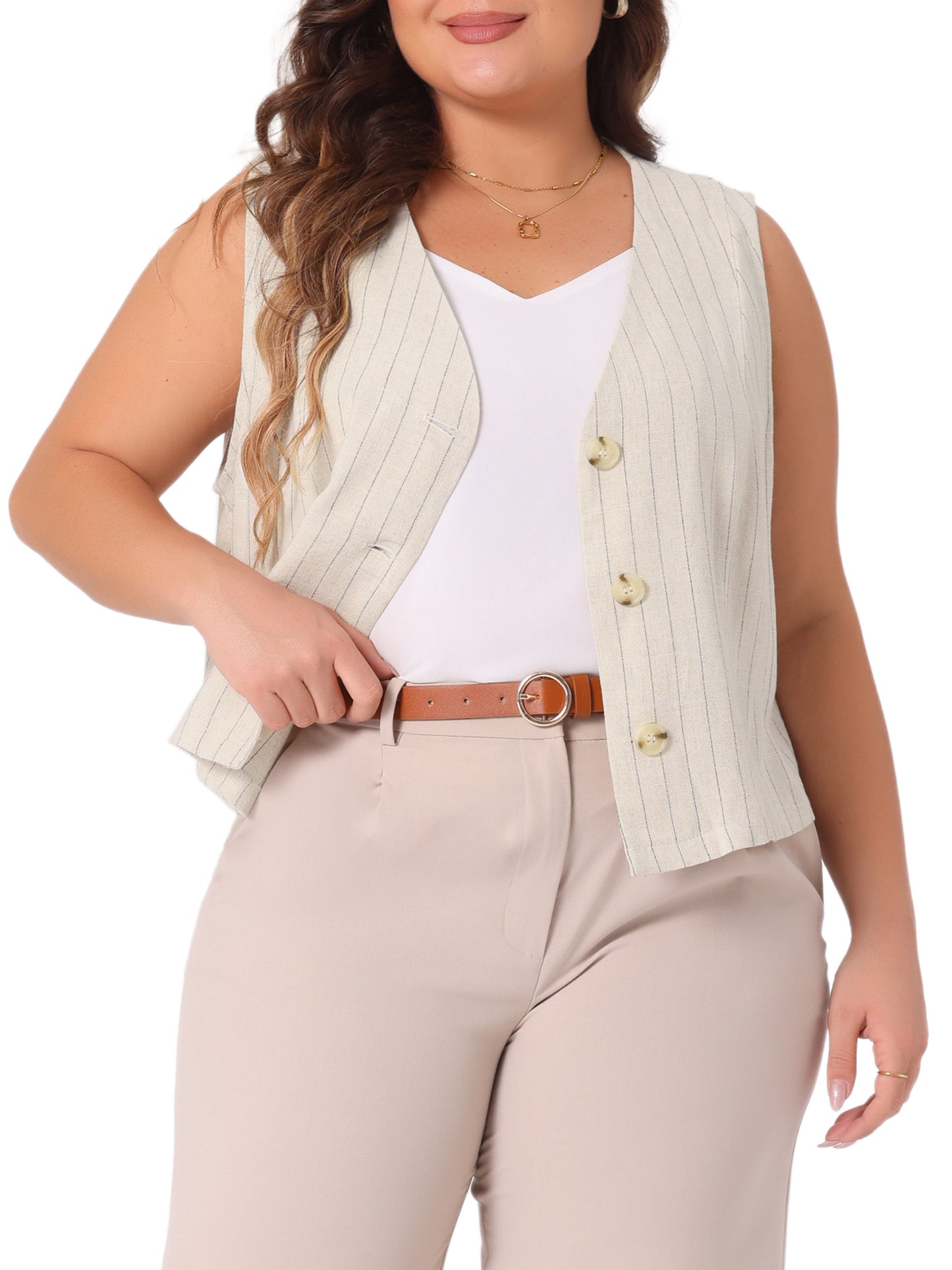Women Plus Size Linen Vest Sleeveless Button Down V Neck Crop Top Summer Waistcoat