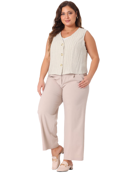 Women Plus Size Linen Vest Sleeveless Button Down V Neck Crop Top Summer Waistcoat