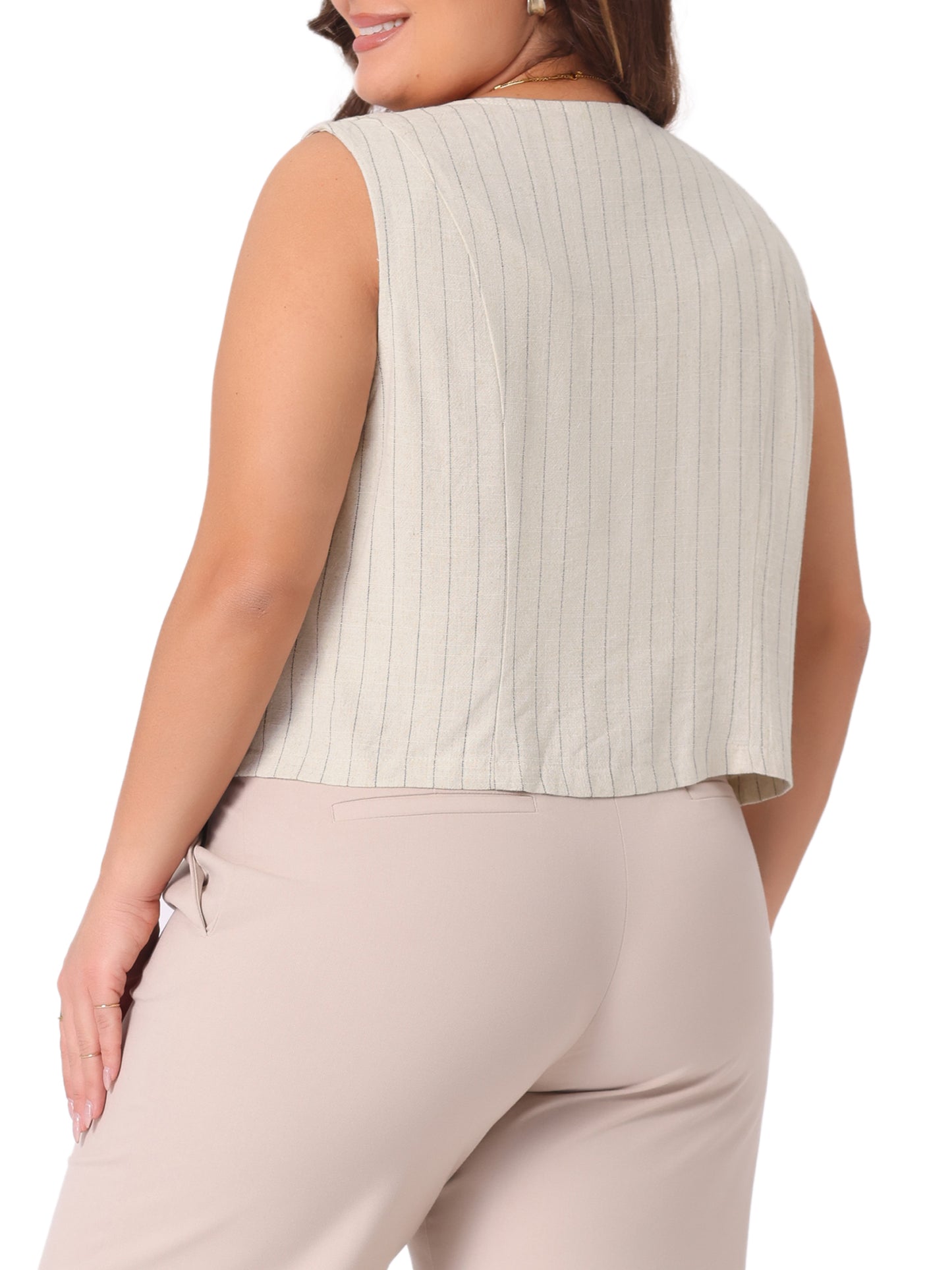 Women Plus Size Linen Vest Sleeveless Button Down V Neck Crop Top Summer Waistcoat