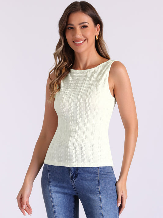 Women's Knit Sleeveless Boat Neck Fitted Textured Tank Top