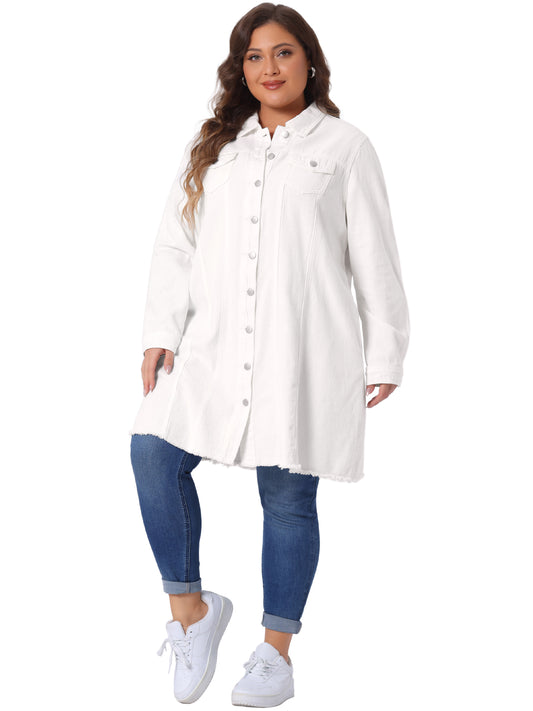 Chaqueta vaquera de talla grande para mujer, informal, larga, desgastada, con botones y bolsillos.