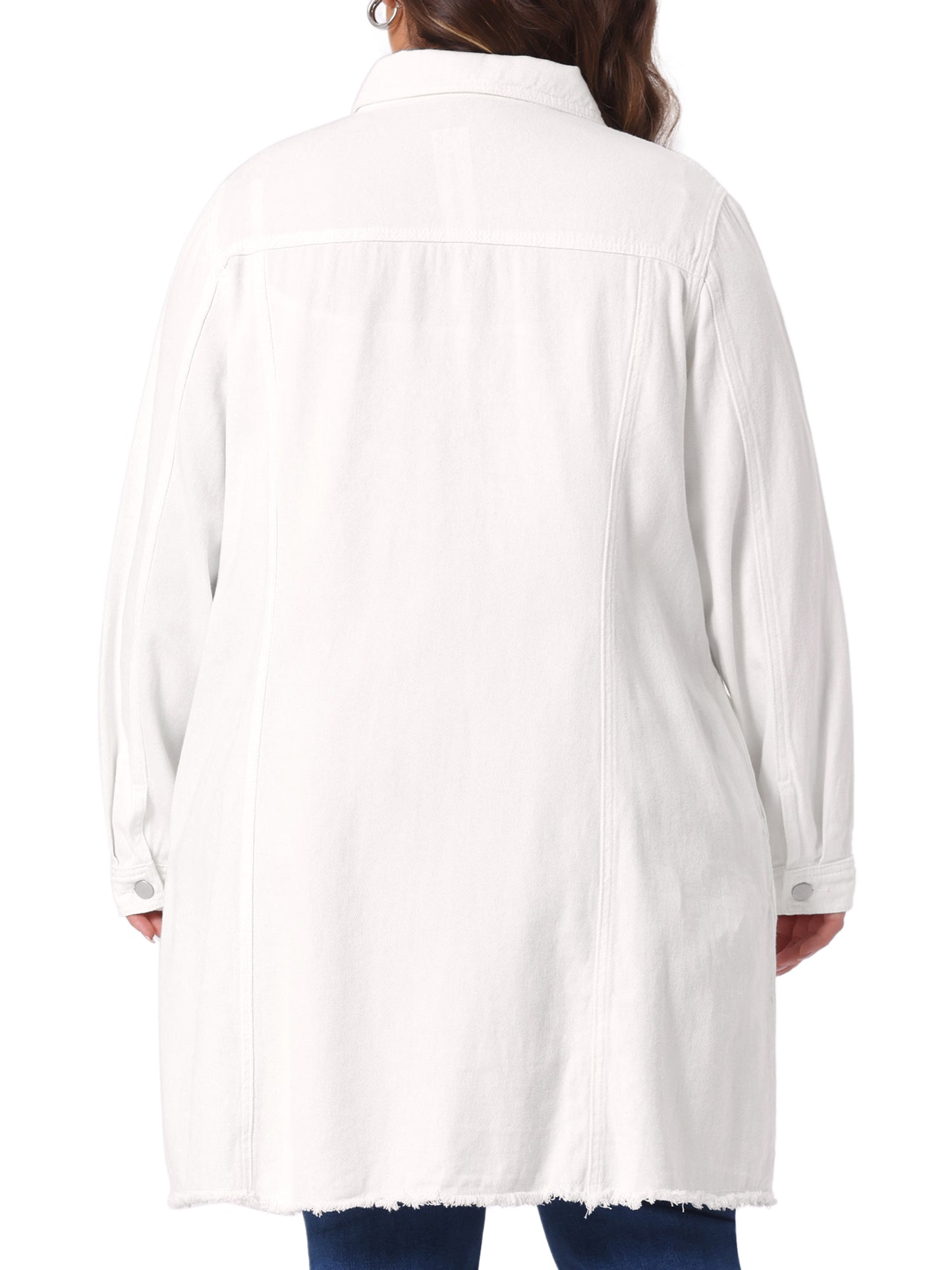 Chaqueta vaquera de talla grande para mujer, informal, larga, desgastada, con botones y bolsillos.