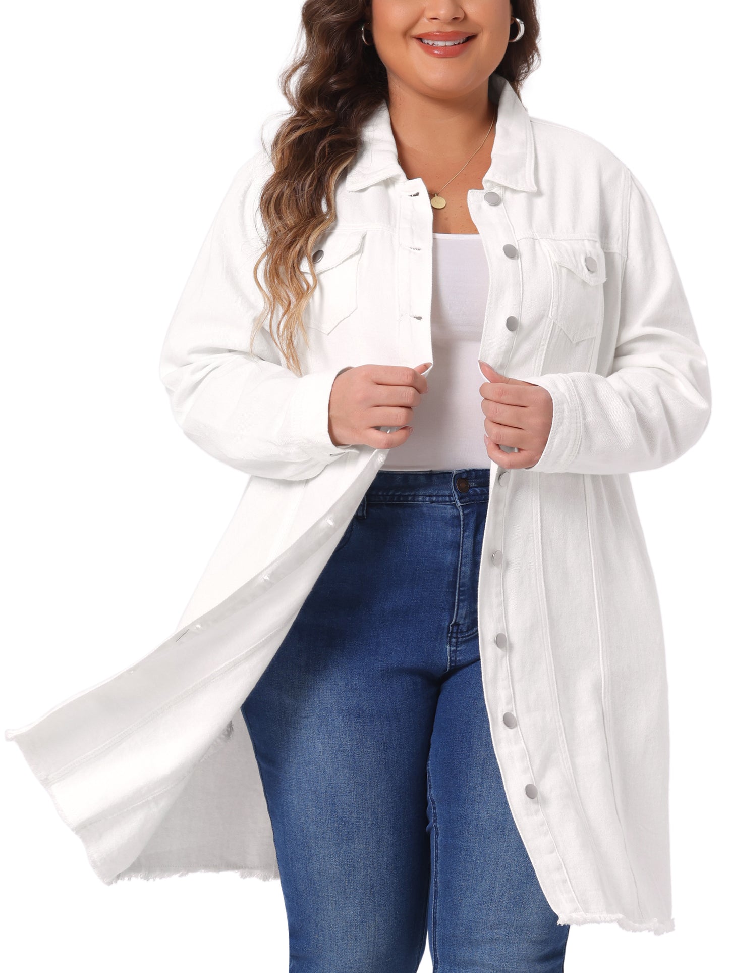 Chaqueta vaquera de talla grande para mujer, informal, larga, desgastada, con botones y bolsillos.