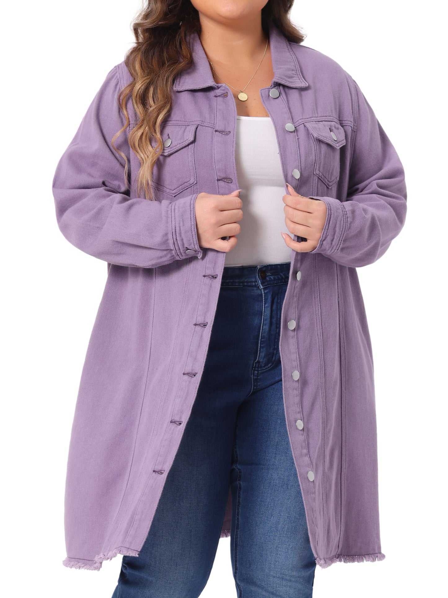 Women's Plus Size Denim Jacket Casual Long Distressed Button Up Pockets Jean Jackets
