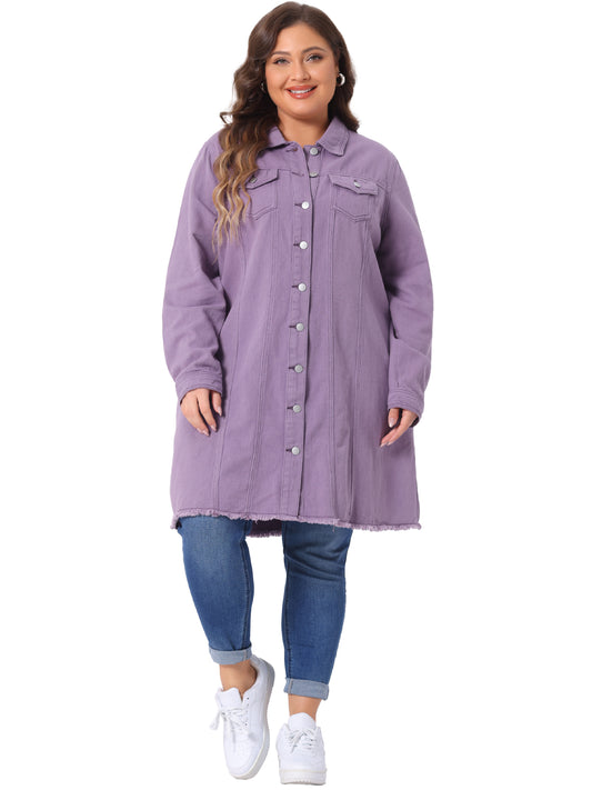 Chaqueta vaquera de talla grande para mujer, informal, larga, desgastada, con botones y bolsillos.