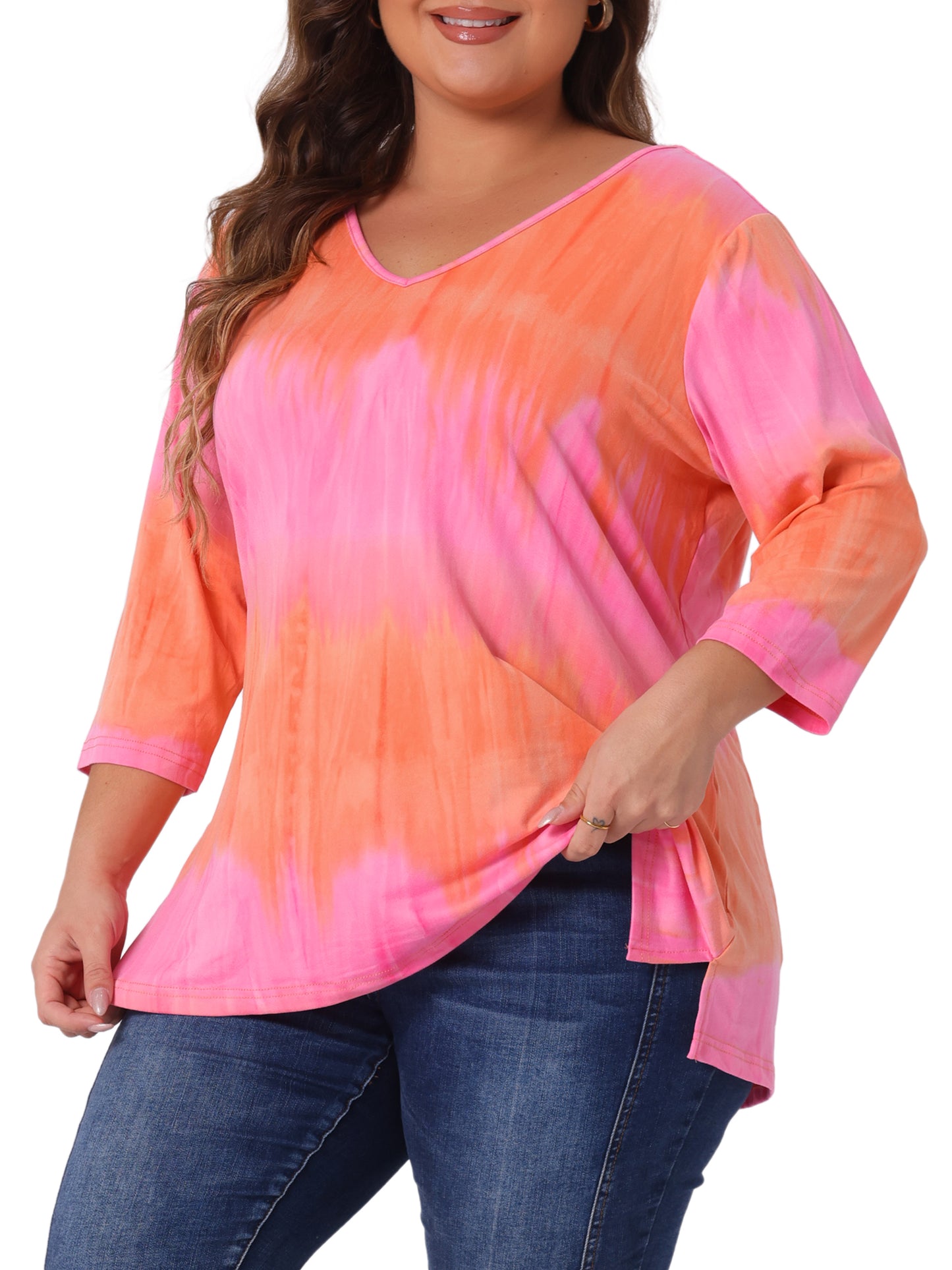 Women Plus Size T Shirt V Neck 3/4 Sleeve Loose Casual Blouse Striped Tie Dye Print