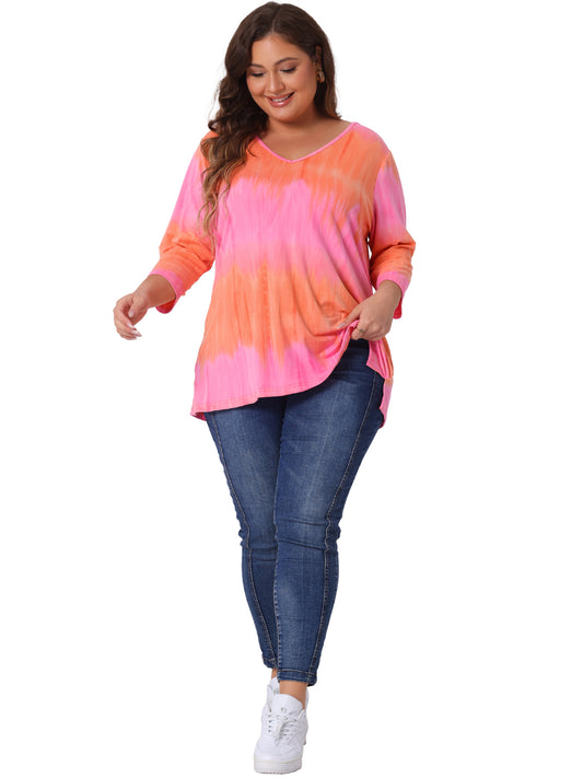 Women Plus Size T Shirt V Neck 3/4 Sleeve Loose Casual Blouse Striped Tie Dye Print