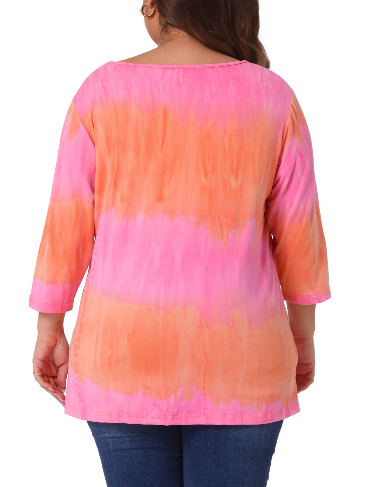 Women Plus Size T Shirt V Neck 3/4 Sleeve Loose Casual Blouse Striped Tie Dye Print
