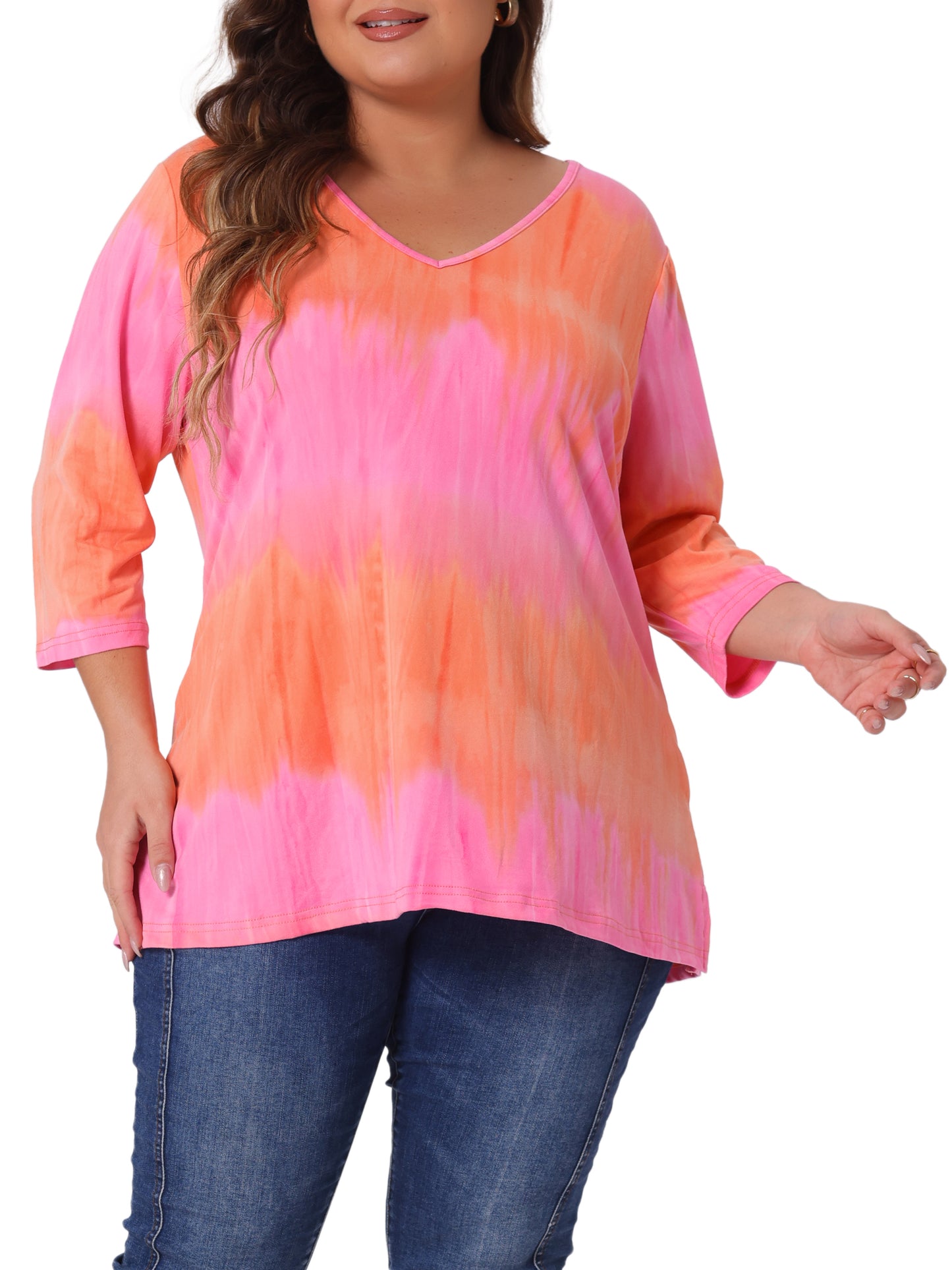 Women Plus Size T Shirt V Neck 3/4 Sleeve Loose Casual Blouse Striped Tie Dye Print