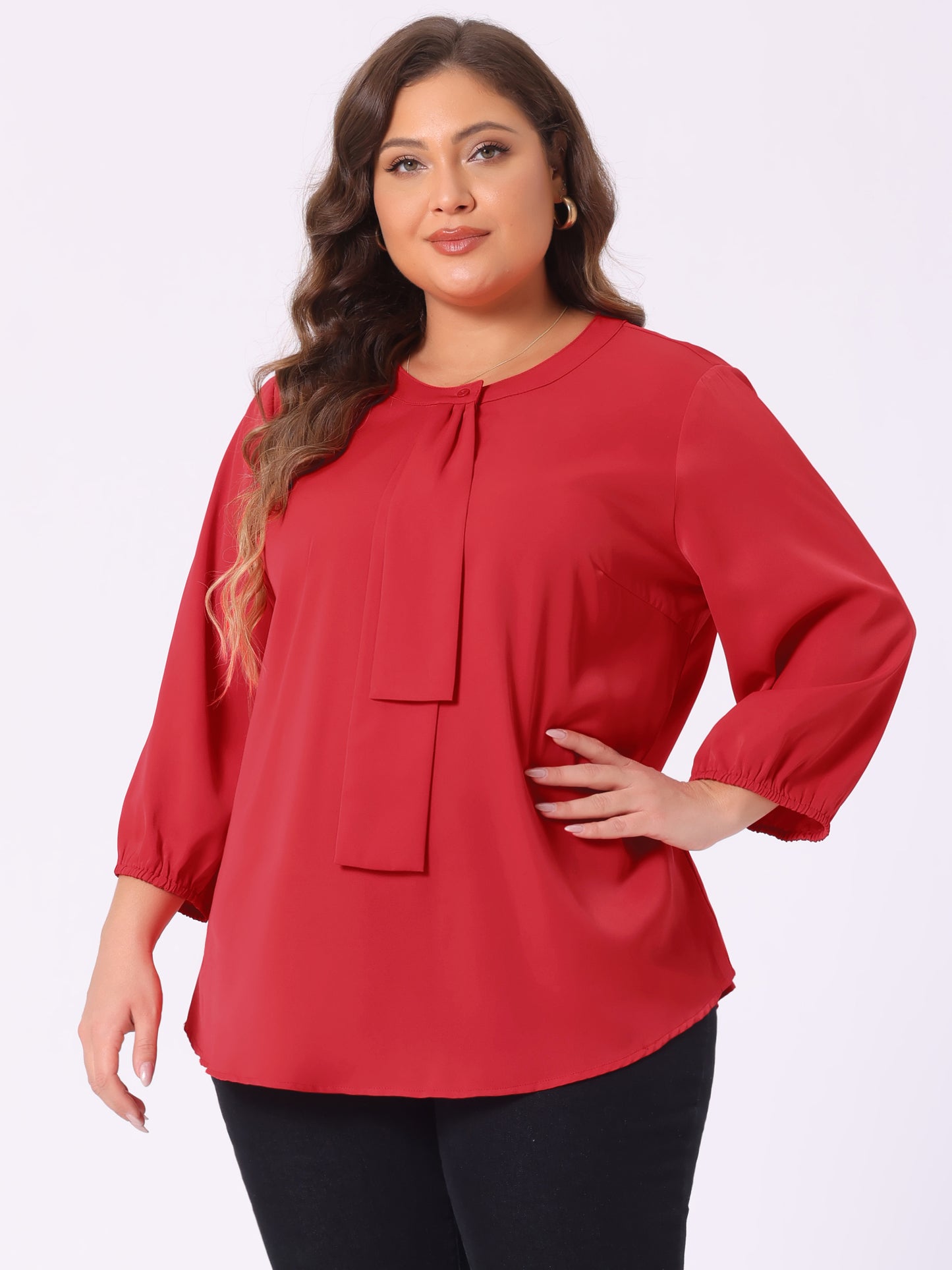 Blusa de gasa con cuello redondo y volantes para mujer, talla grande