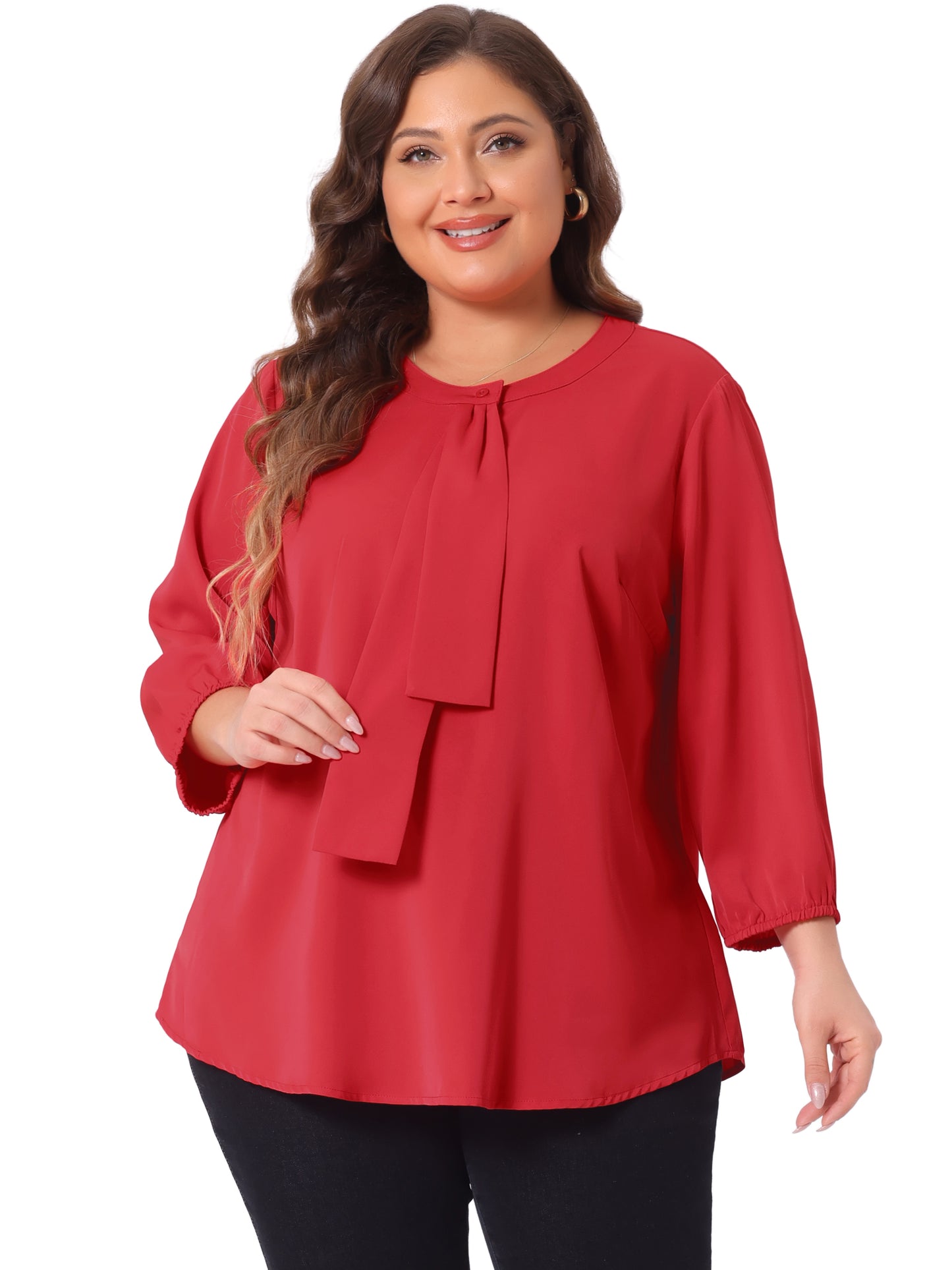 Blusa de gasa con cuello redondo y volantes para mujer, talla grande