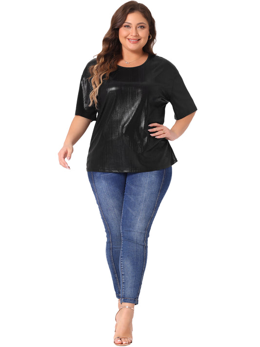Women Plus Size Top Metallic Round Neck Short Sleeve T-Shirt Party Tee Top