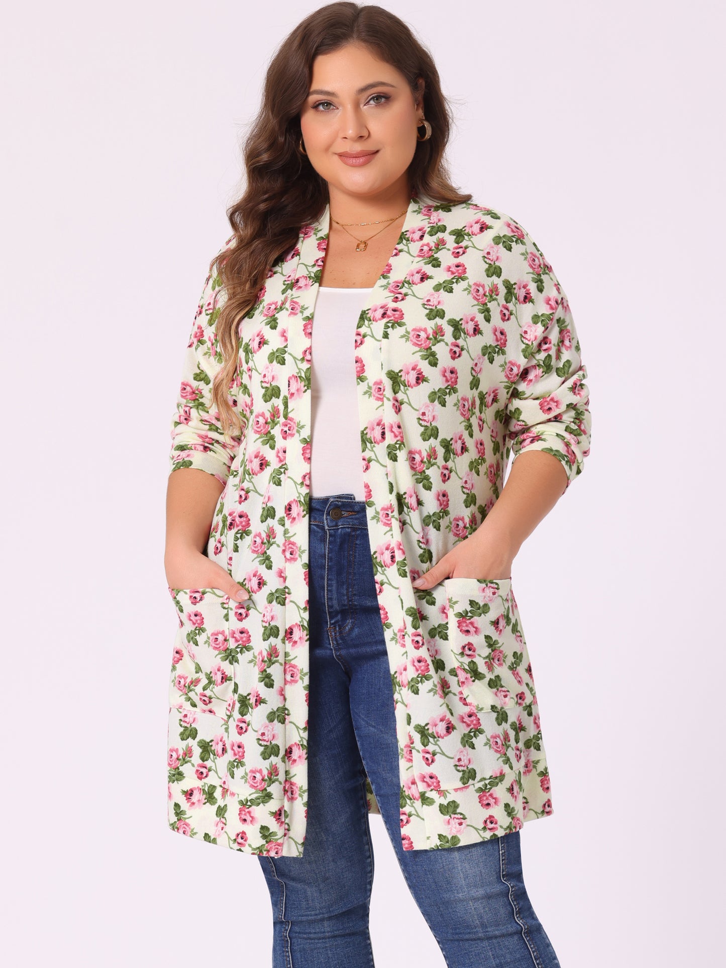 Women's Plus Size Lightweight Casual Long Sleeve Floral Knit Cardigans with Pockets