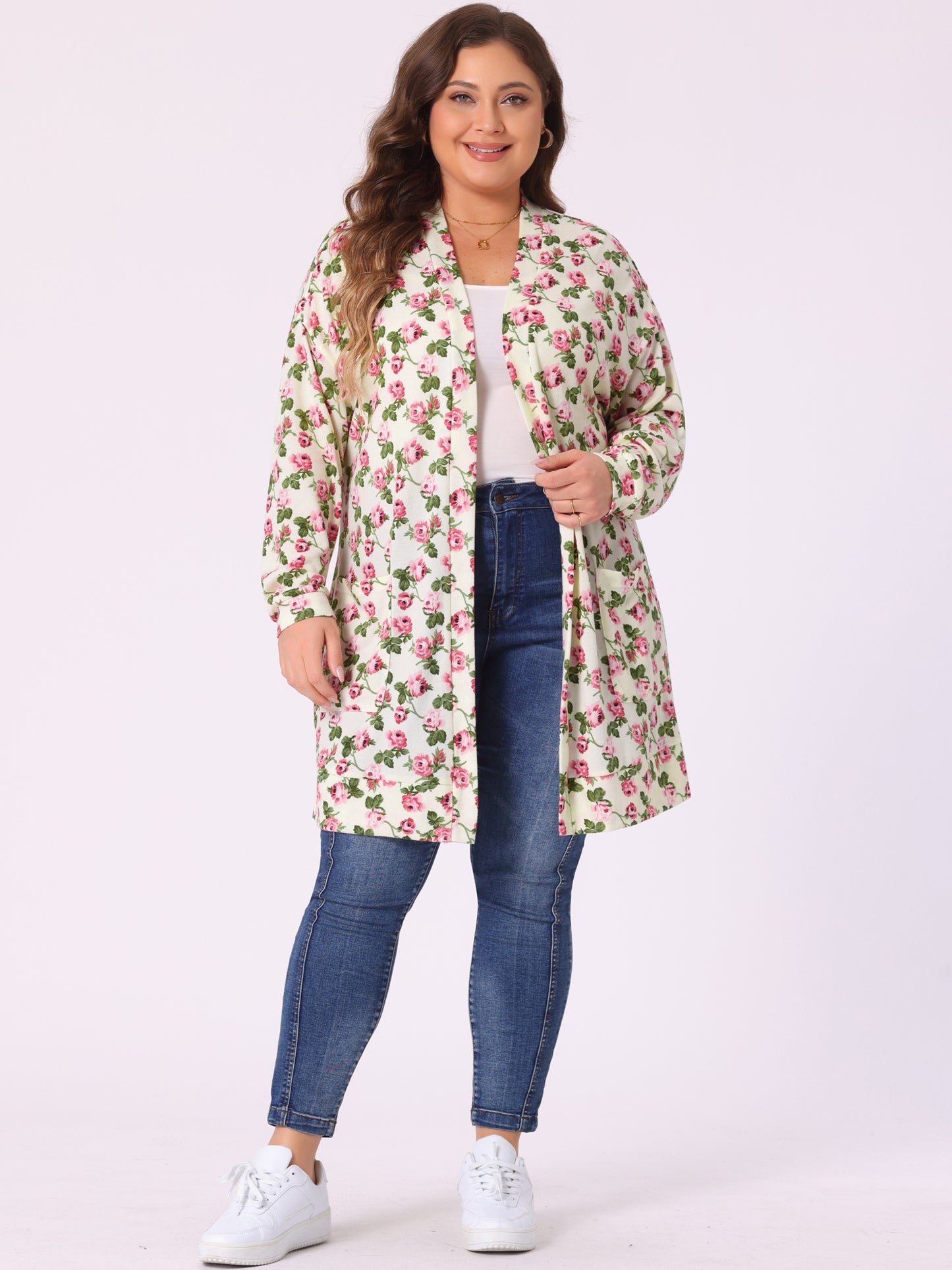 Women's Plus Size Lightweight Casual Long Sleeve Floral Knit Cardigans with Pockets
