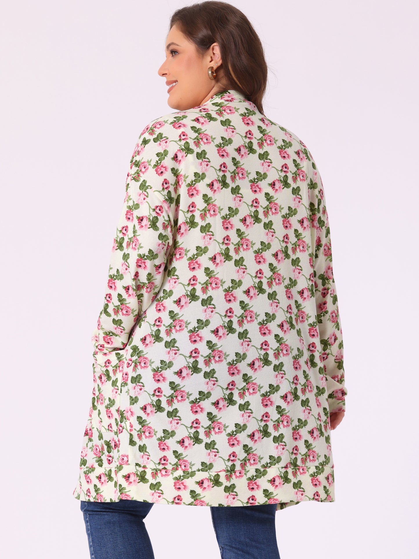 Women's Plus Size Lightweight Casual Long Sleeve Floral Knit Cardigans with Pockets