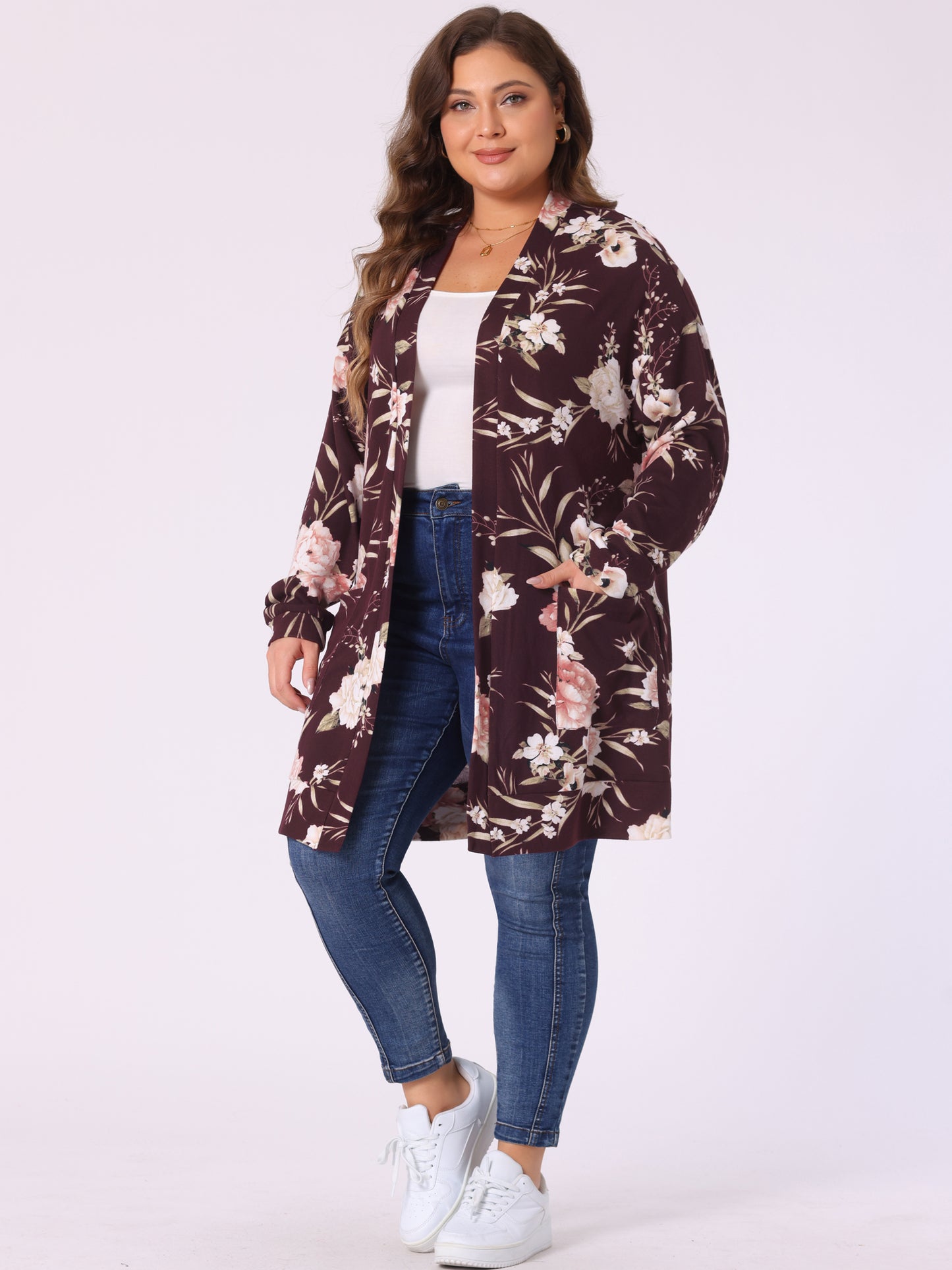 Women's Plus Size Lightweight Casual Long Sleeve Floral Knit Cardigans with Pockets