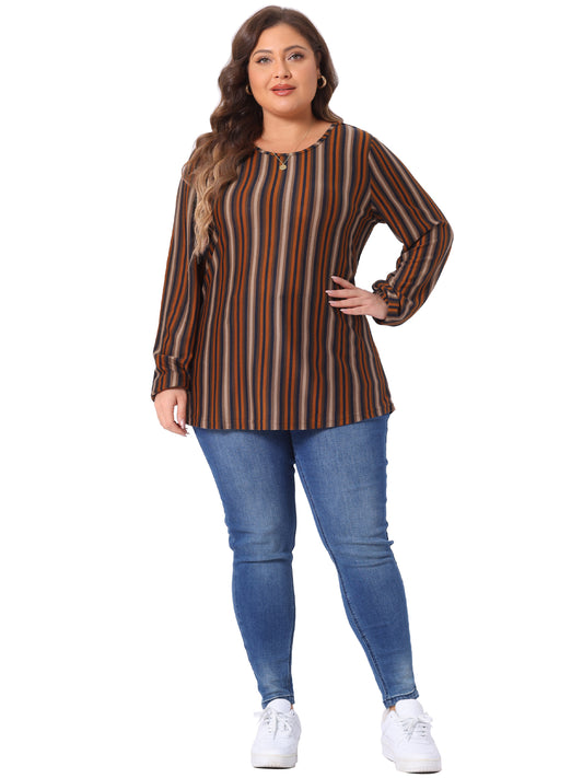 Women Plus Size Boho Color Block Elastic Cuff Long Sleeve Striped Top