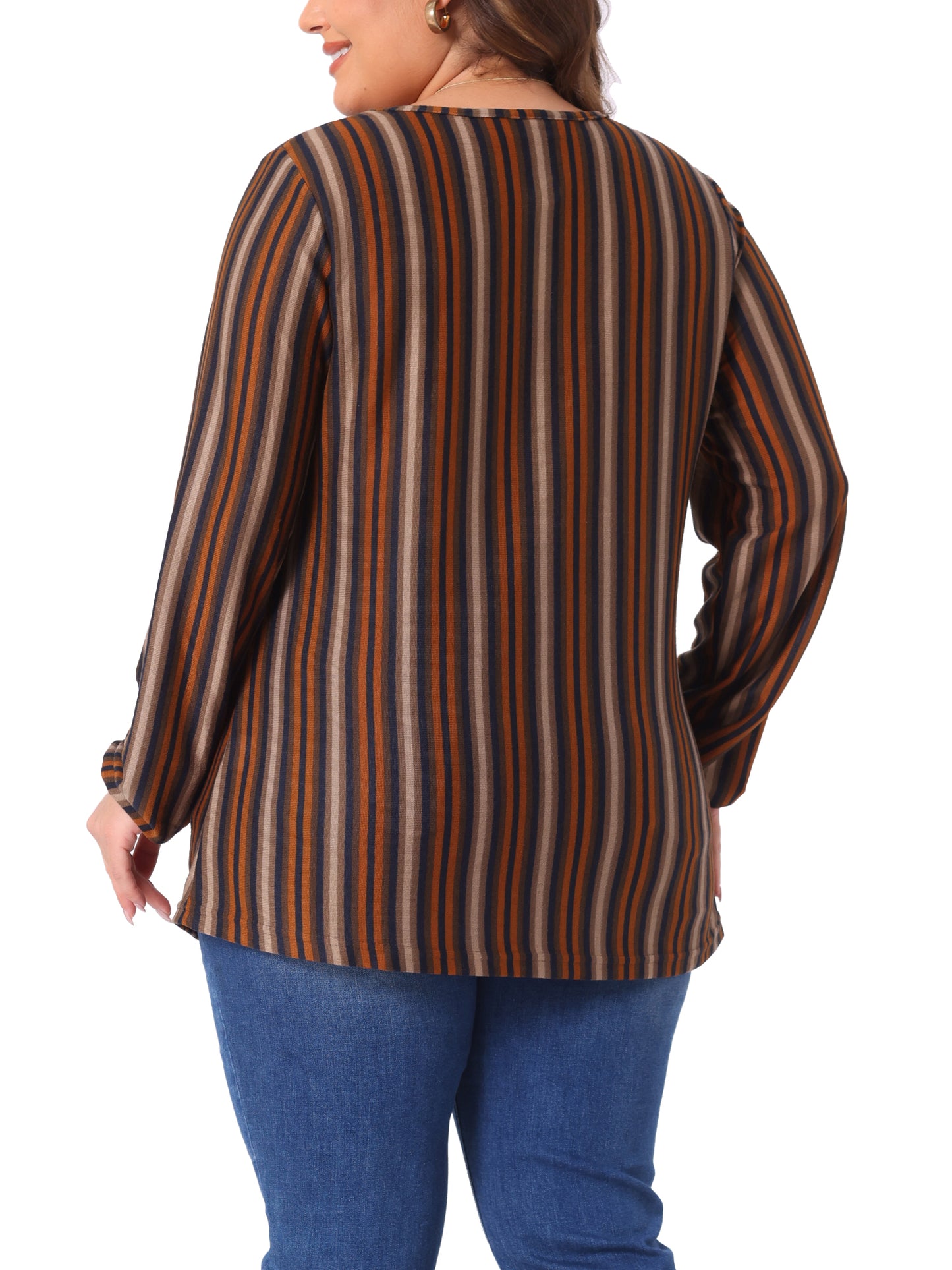 Women Plus Size Boho Color Block Elastic Cuff Long Sleeve Striped Top