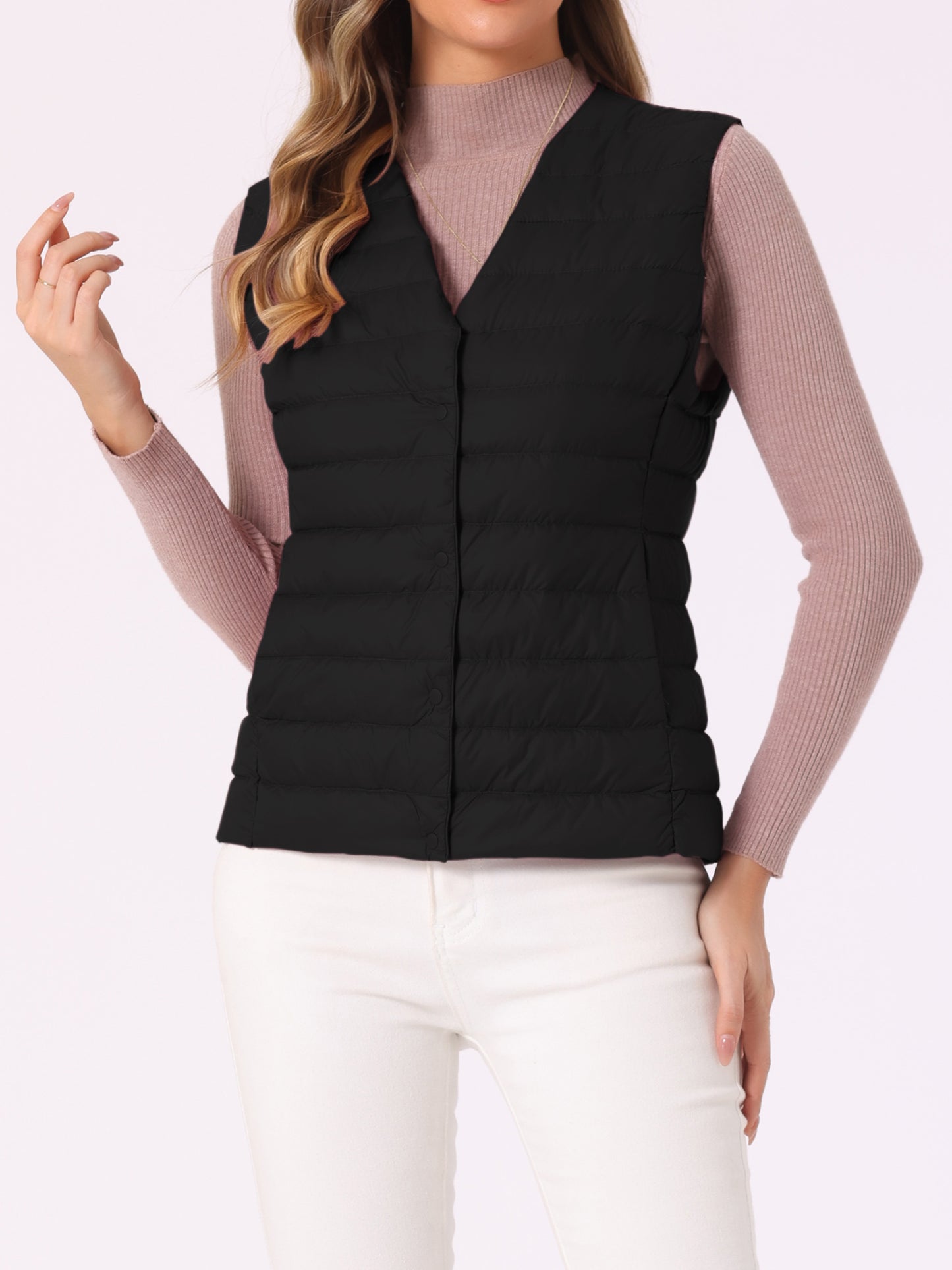 Women's Puffer Vest Sleeveless Lightweight Button Up Quilted Round Neck Outwear