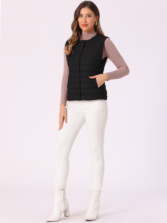 Women's Puffer Vest Sleeveless Lightweight Button Up Quilted Round Neck Outwear