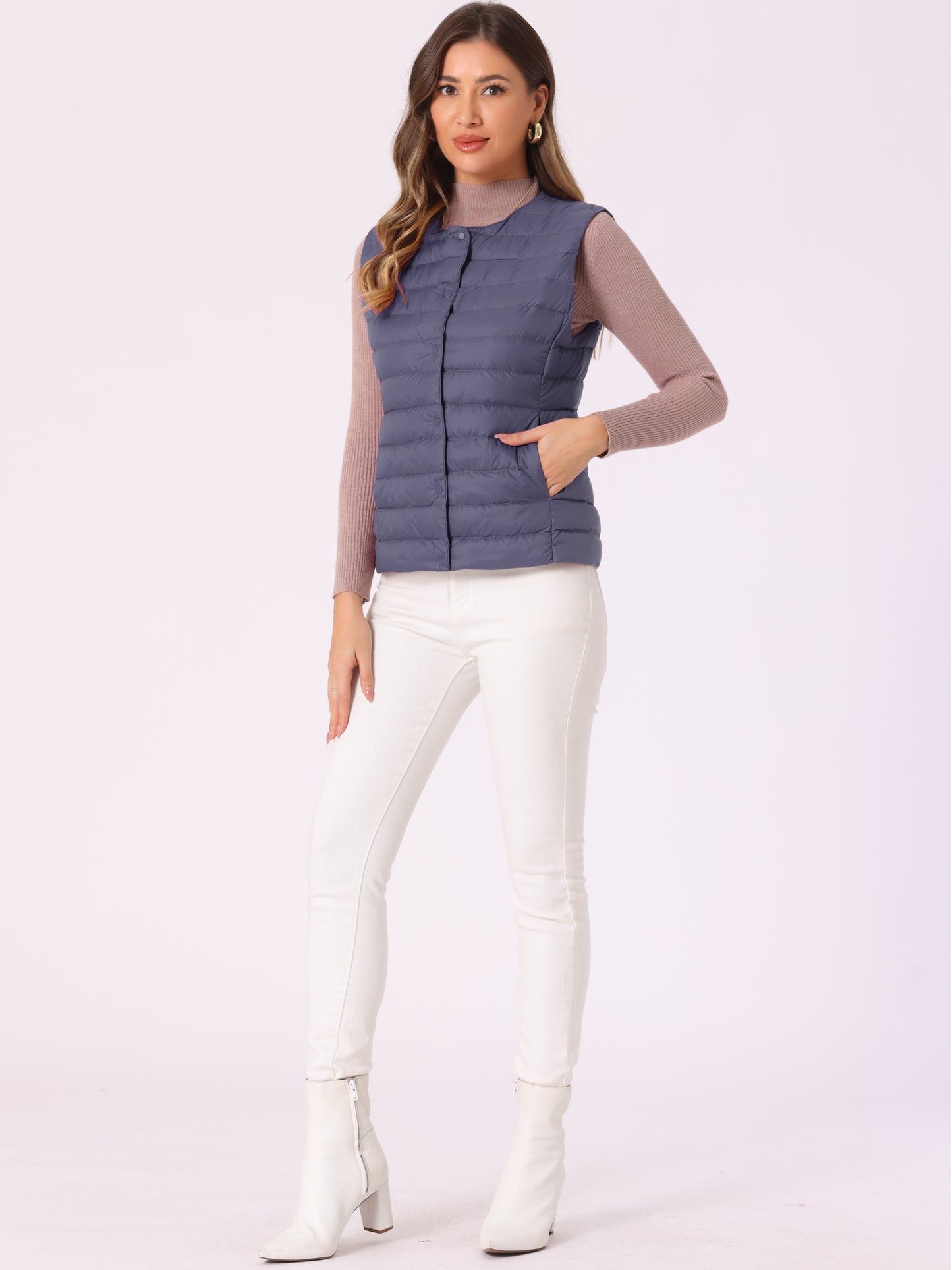 Women's Puffer Vest Sleeveless Lightweight Button Up Quilted Round Neck Outwear