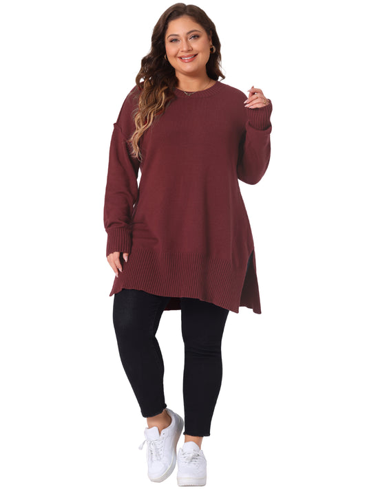 Women Plus Size Sweater Oversized Crew Neck Long Sleeve Slit hem Knit Pullover Sweater Tops
