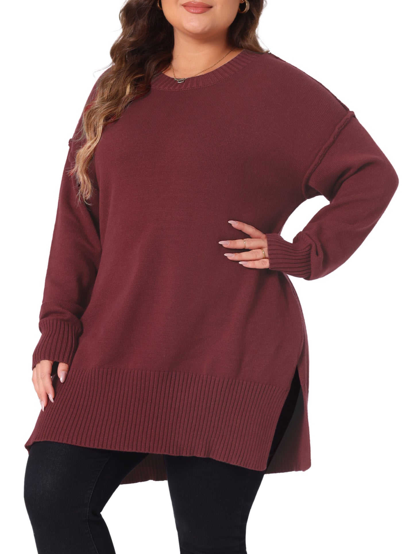 Women Plus Size Sweater Oversized Crew Neck Long Sleeve Slit hem Knit Pullover Sweater Tops